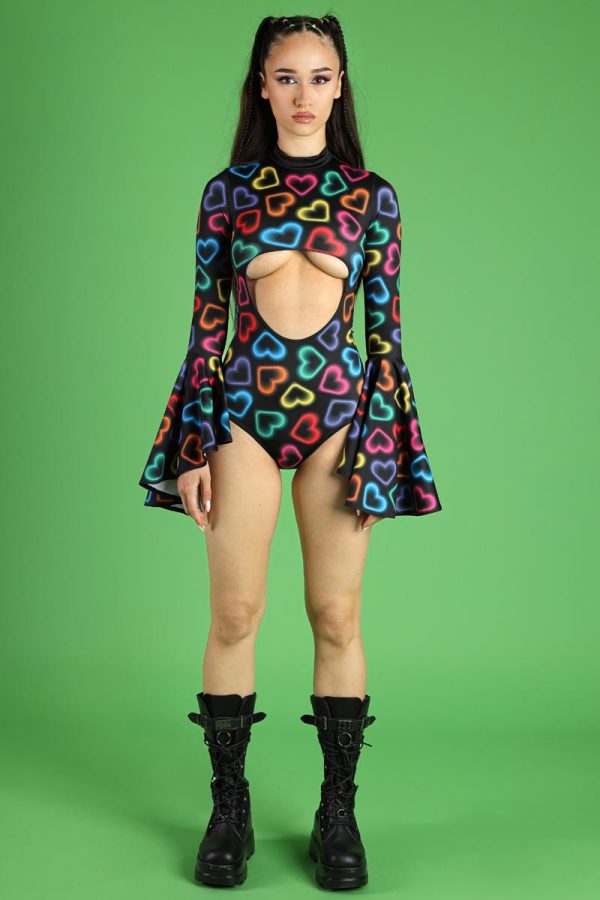 Neon Hearts Bell Sleeve Cut Out Bodysuit Fashion - Image 4